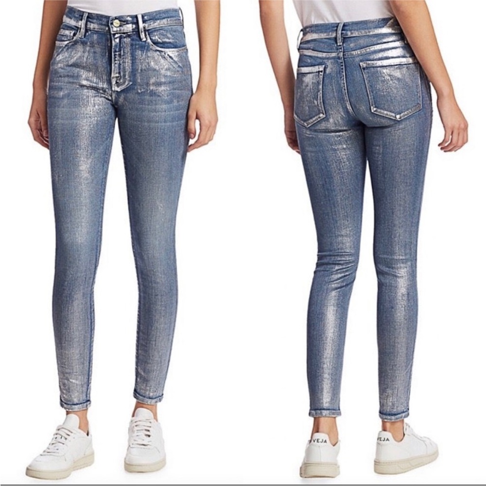 FRAME Le Skinny De Jeanne Metallic Jeans Canon Foil Blue Metallic Size 27 NEW